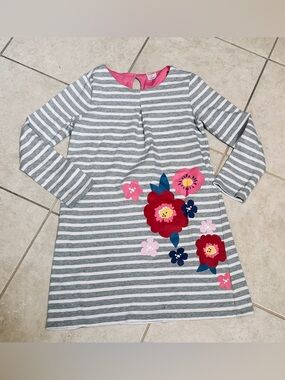 Gymboree Gray & White Striped Dress with Pink and Red Floral Appliqués